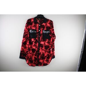 TATU Angel Floral Flocked Mesh Tunic Shirt M Red Black Sequin Y2K Gothic